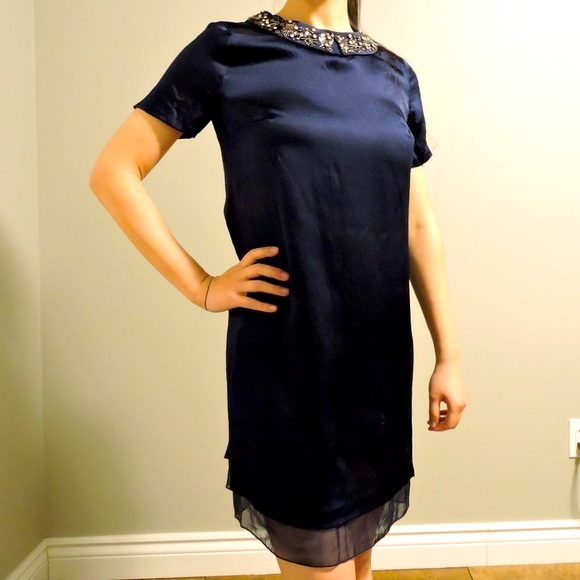 Club Monaco Silk Navy Blue Short Sleeve Mini Dress with Statement Collar - Picture 5 of 12